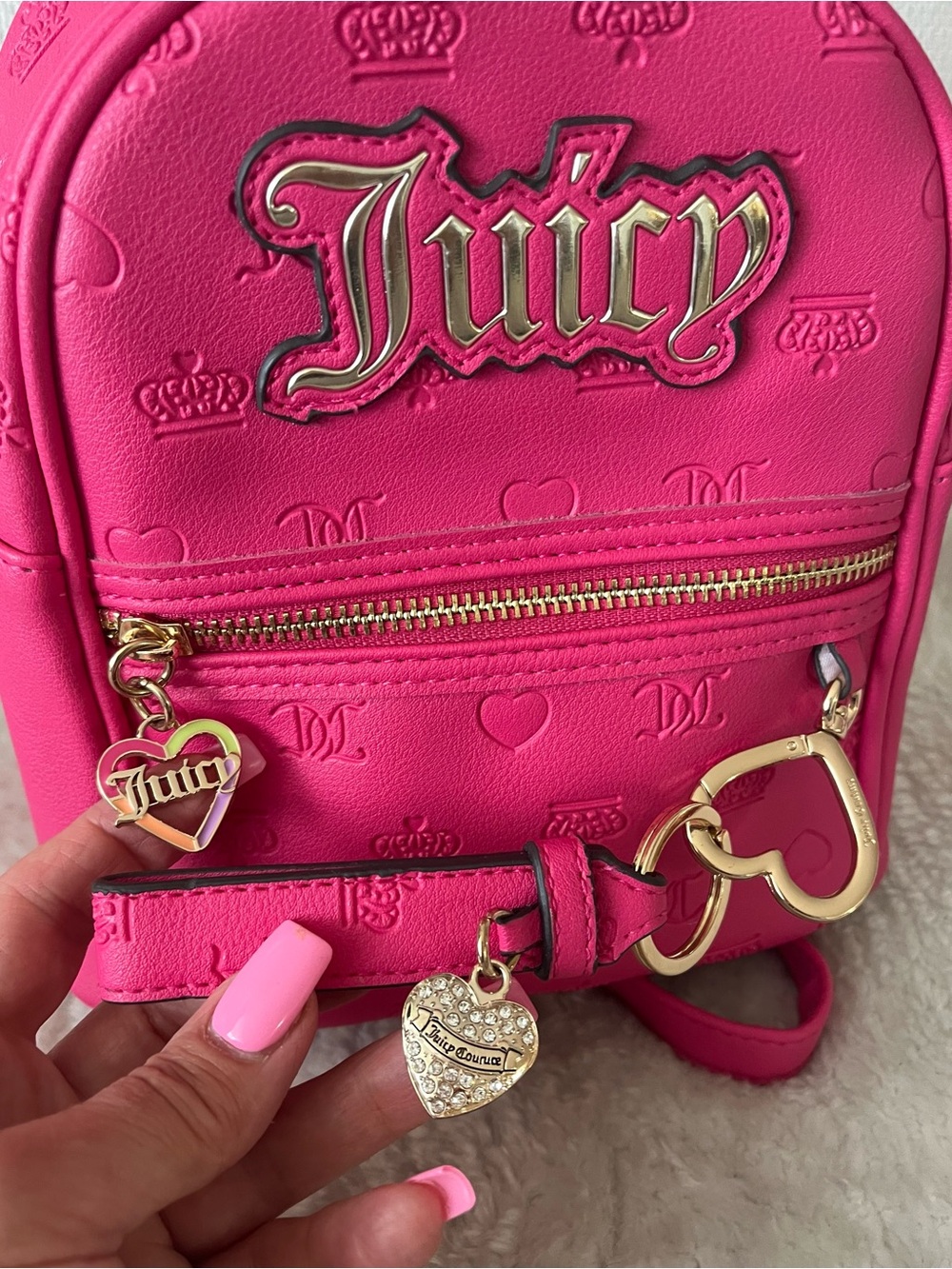 Juicy Couture Hot Pink Mini Backpack with Gold Hardware/ Keychain
